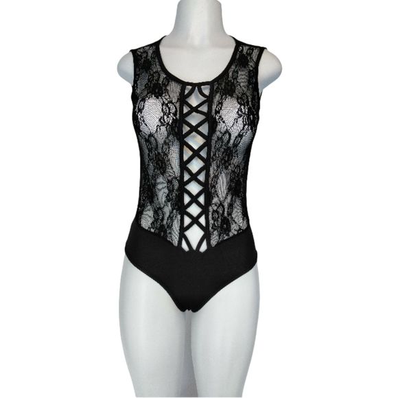YAMAI Tops - Yimai Sheer Mesh Lace Bodysuit Size M Black Sleeveless Lightweight Sexy Top NWT